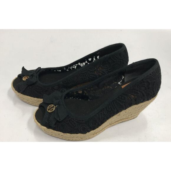 Like New Tory Burch Black Embroidered Platform Wedge Espadrilles Size 7.5B - Picture 3 of 6